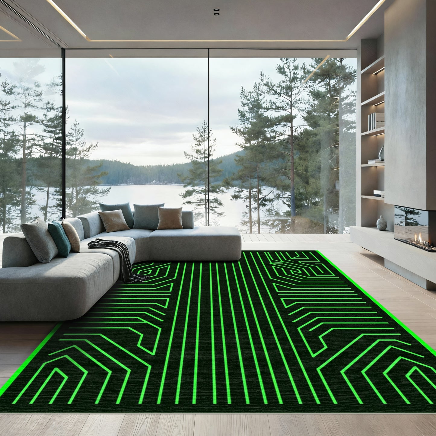 Neon Green Circuit Board Lines Rug