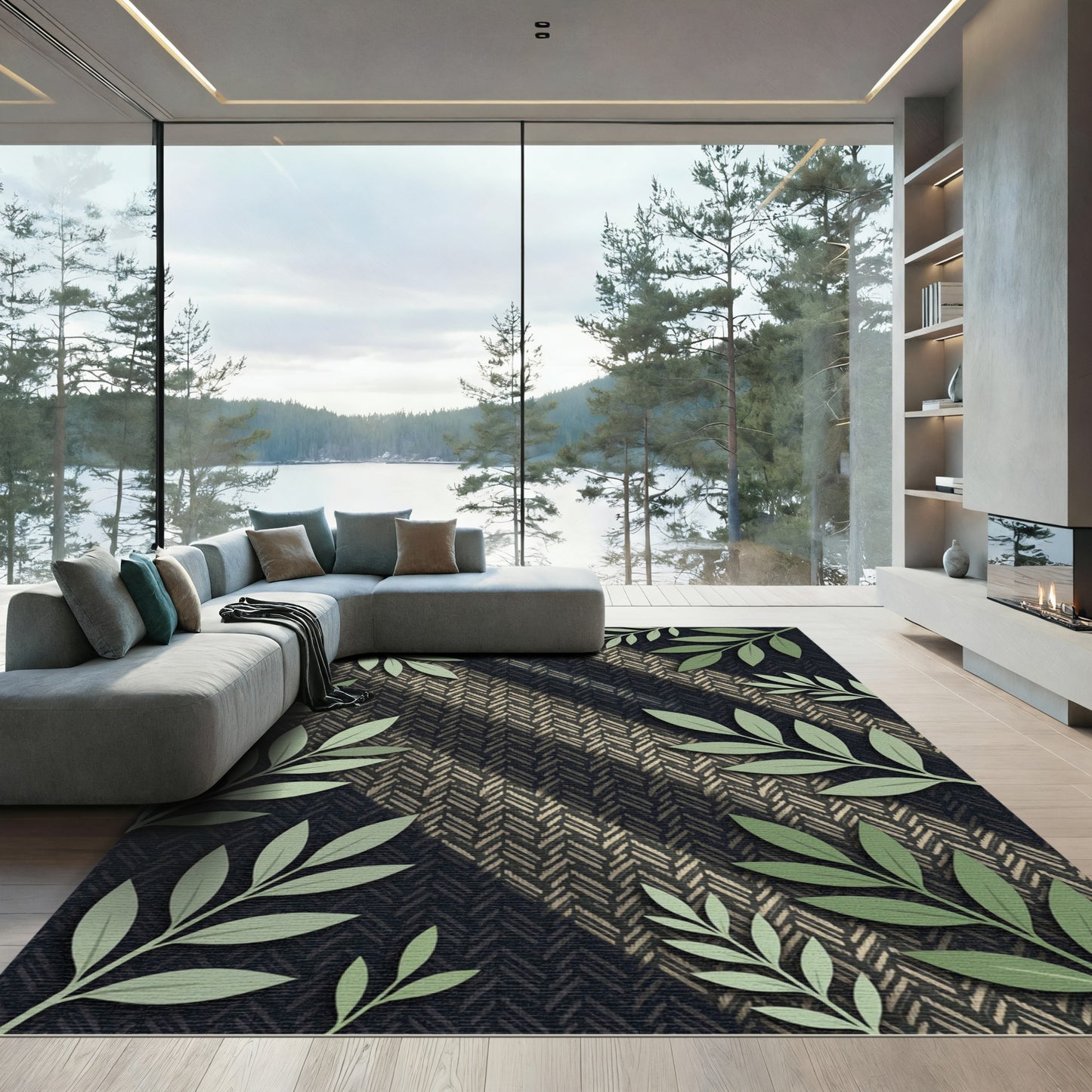 Elegant Botanical Herringbone Sage Black Rug