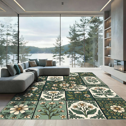 Sage Botanical Tile Floral Grid Rug