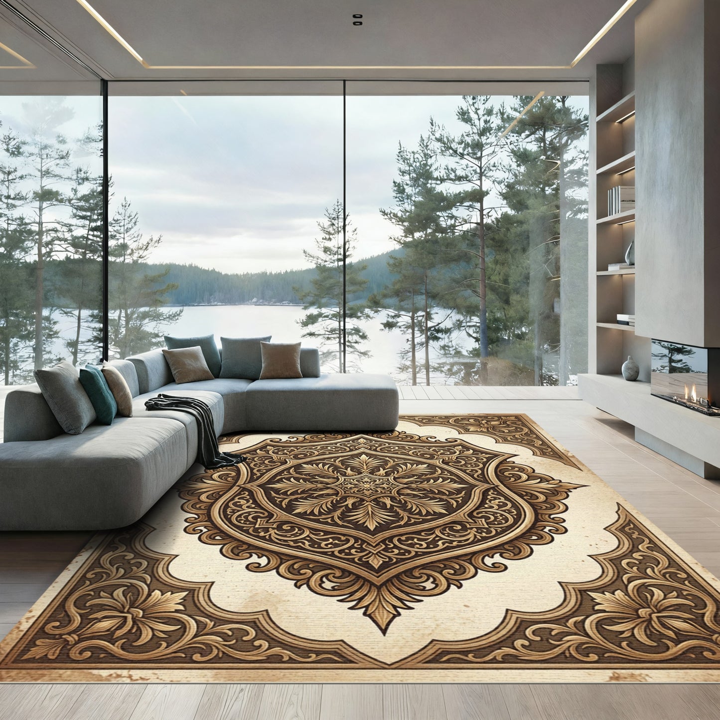 Ornate Golden Baroque Damask Medallion Rug