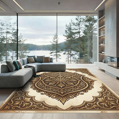 Ornate Golden Baroque Damask Medallion Rug