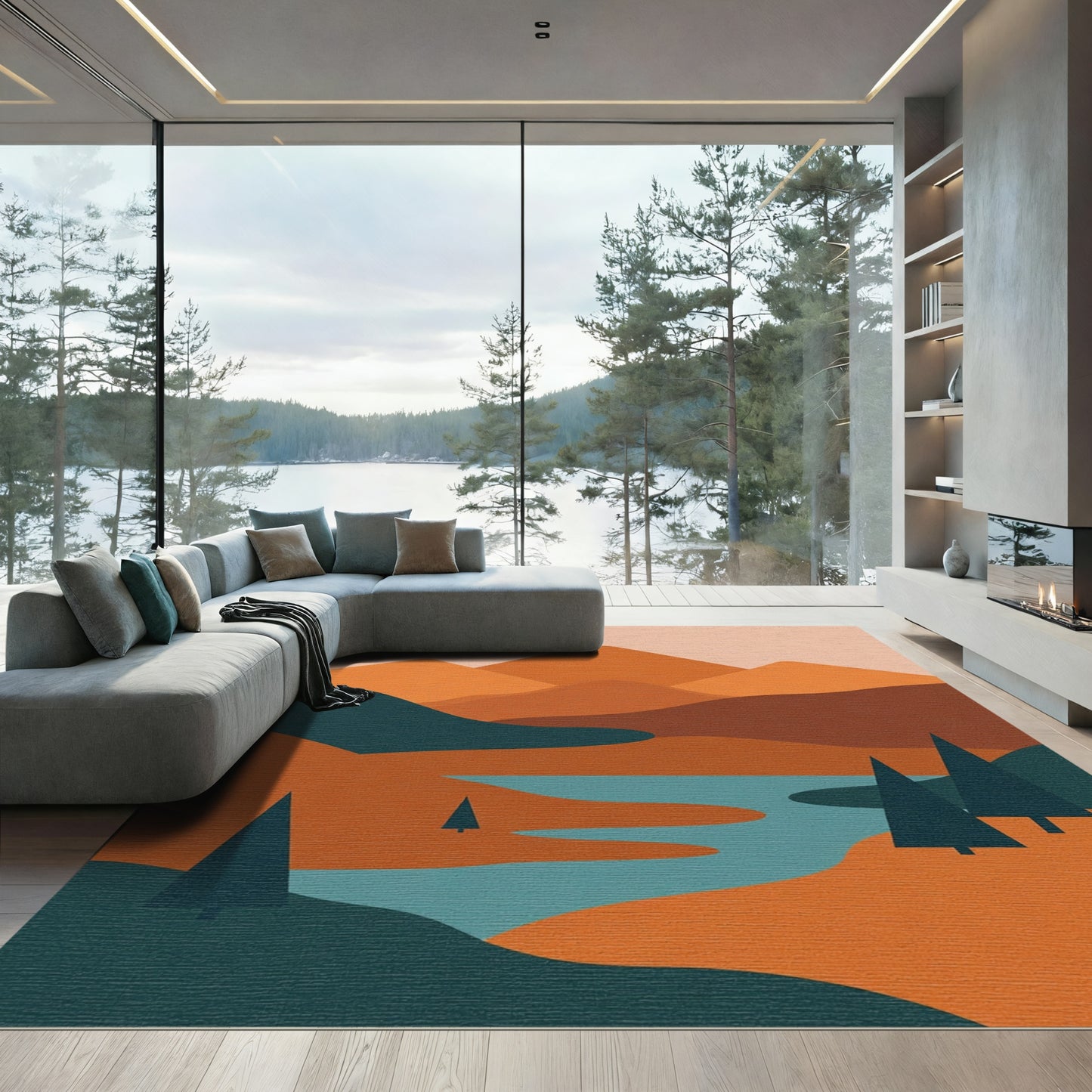 Orange Mountain River Landscape Trees Rug