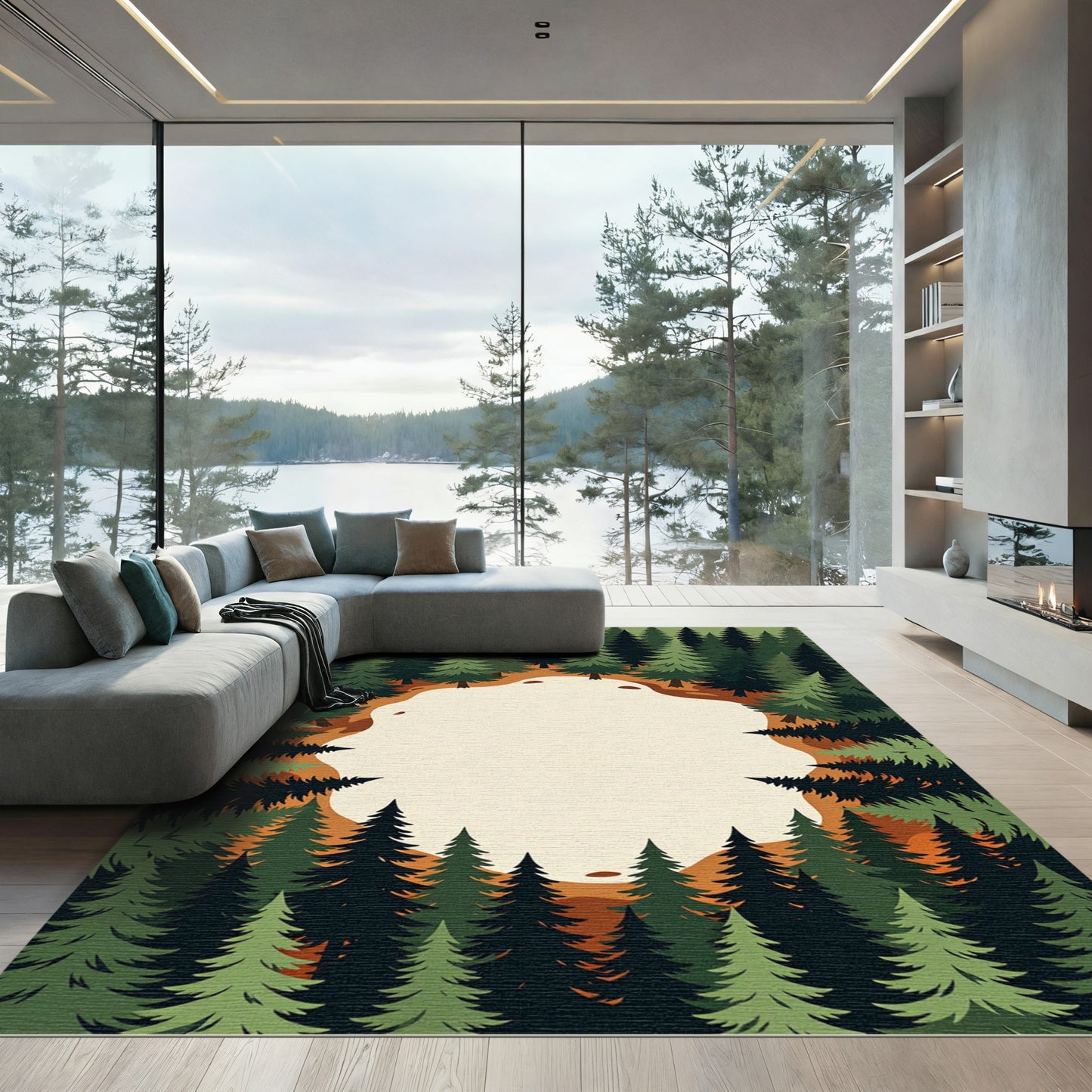 Encircled Verdant Pine Forest Landscape Rug