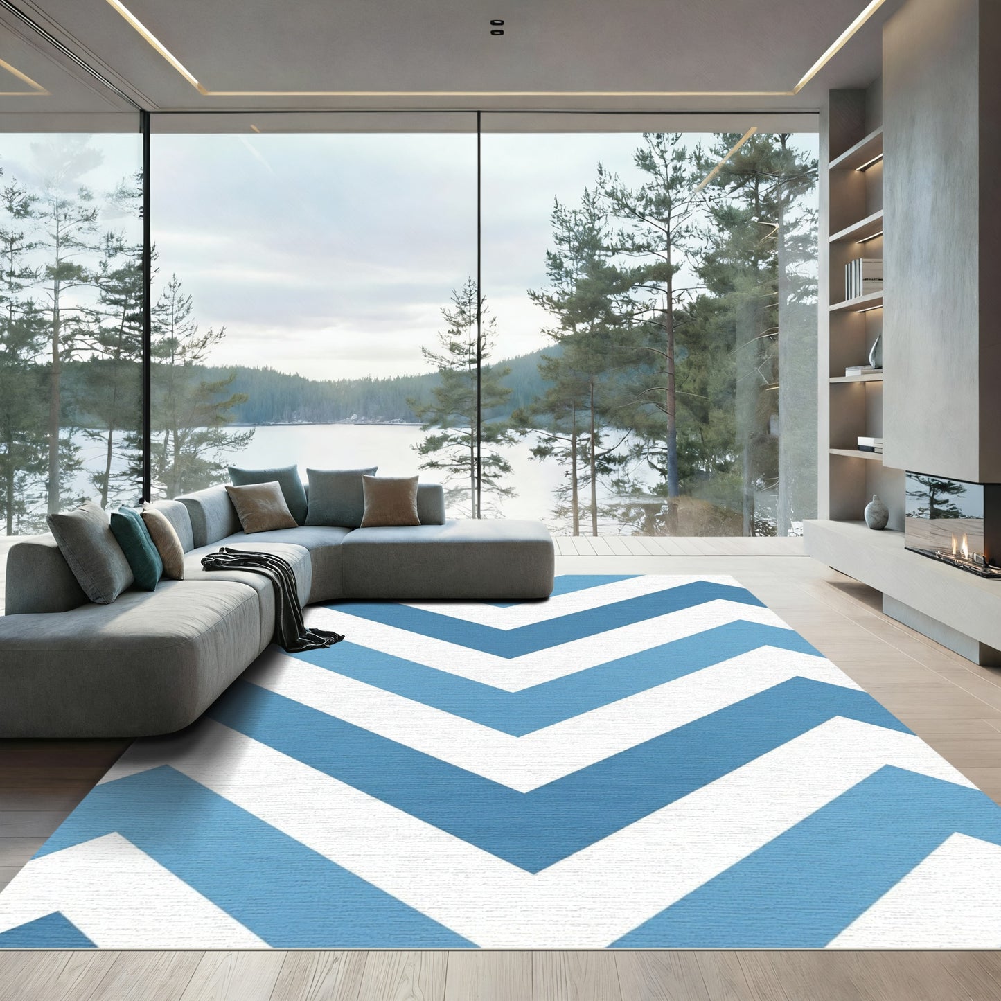 Modern Blue Chevron Geometric Chevron Rug