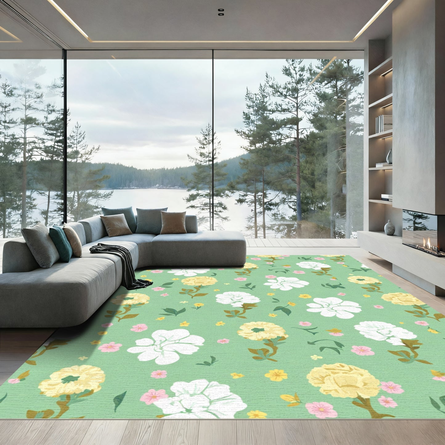 White Yellow Pink Floral Botanical Garden Rug