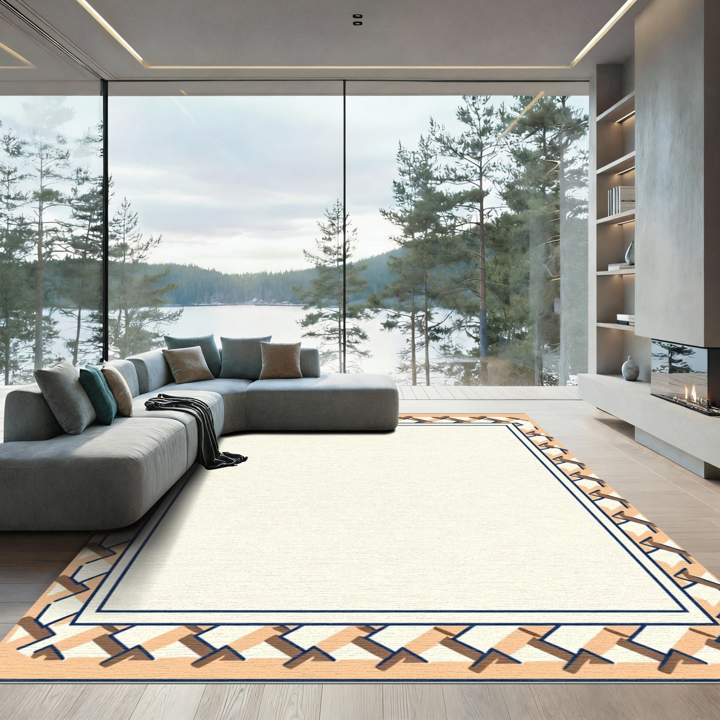 Geometric Tan And Navy Border Rug
