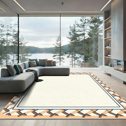 Geometric Tan And Navy Border Rug