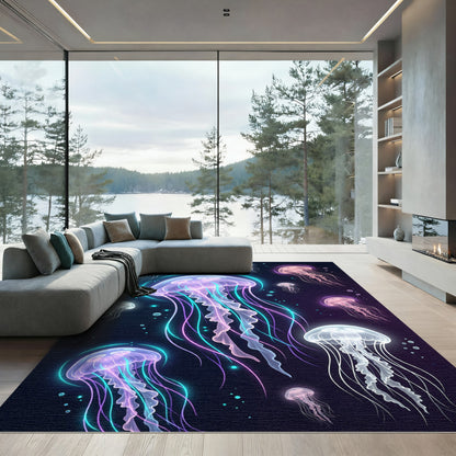 Glowing Neon Jellyfish Bioluminescent Deep Sea Rug