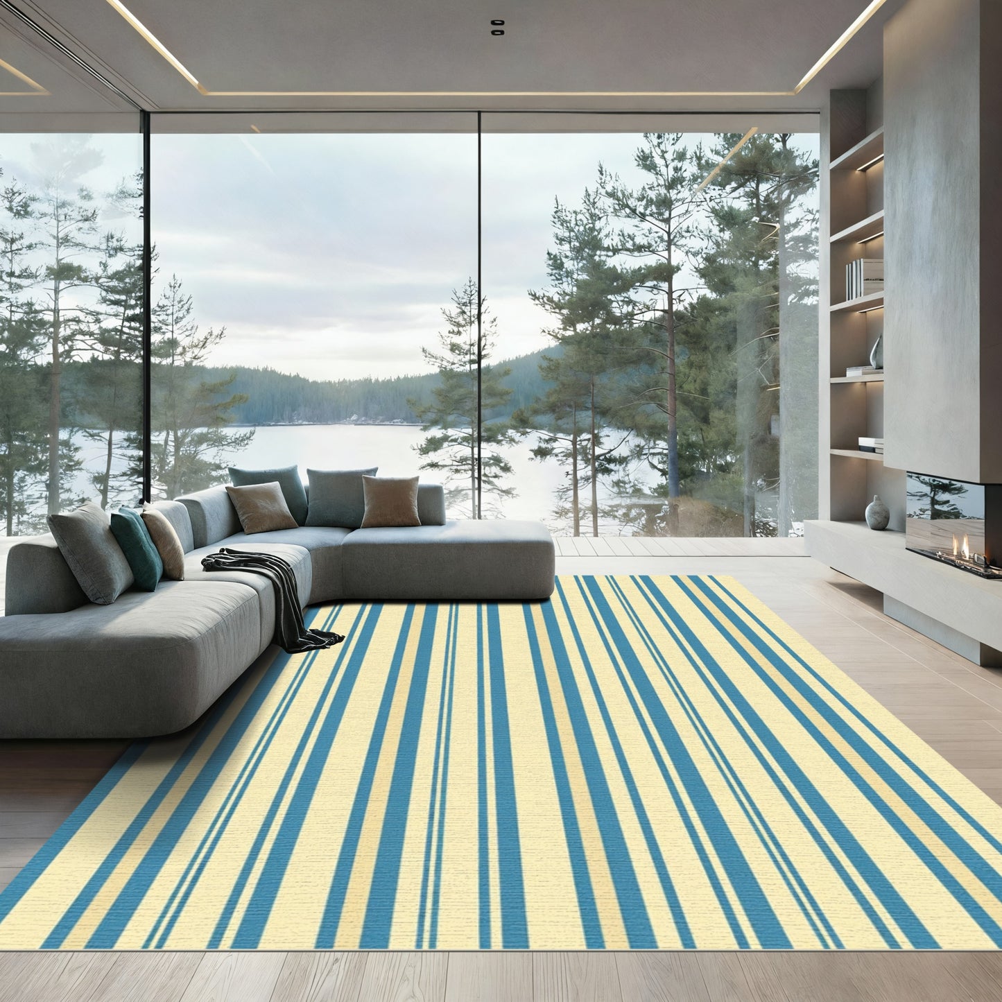 Classic Blue Cream Vertical Stripes Rug