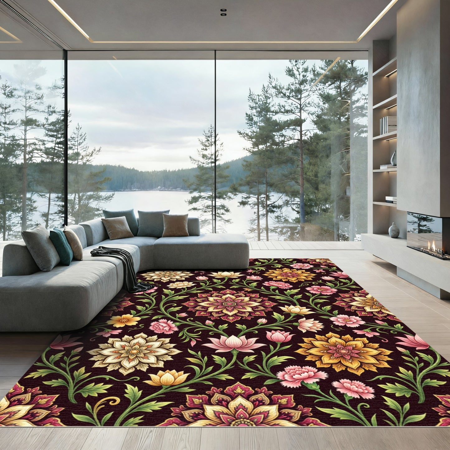 Elegant Golden Floral Symmetry Meadow Rug