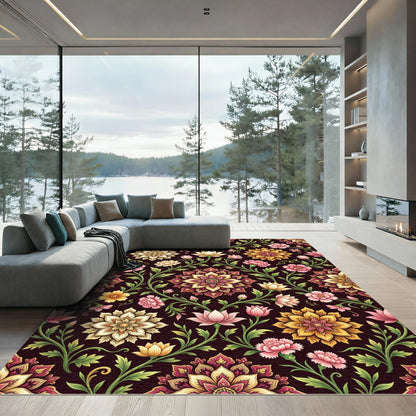 Elegant Golden Floral Symmetry Meadow Rug