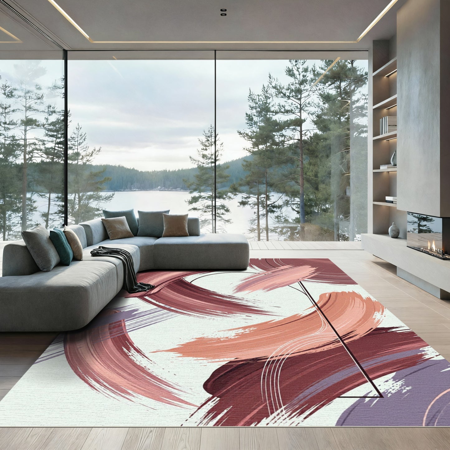 Modern Abstract Mauve Brushstroke Arc Rug