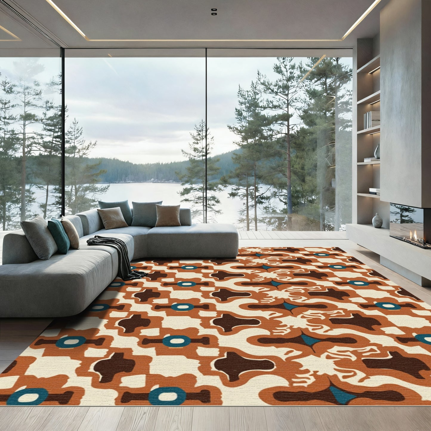 Retro Terracotta Abstract Medallion Rug