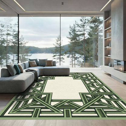 Geometric Interlocking Green Frame Rug