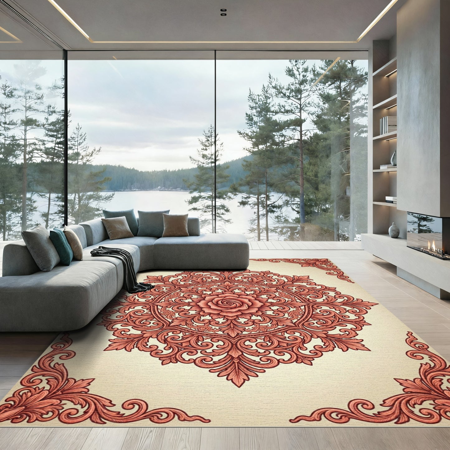 Coral Floral Medallion Scrollwork Rug