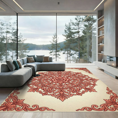 Coral Floral Medallion Scrollwork Rug