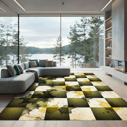 Distressed Olive Green Ink Splatter Grid Rug