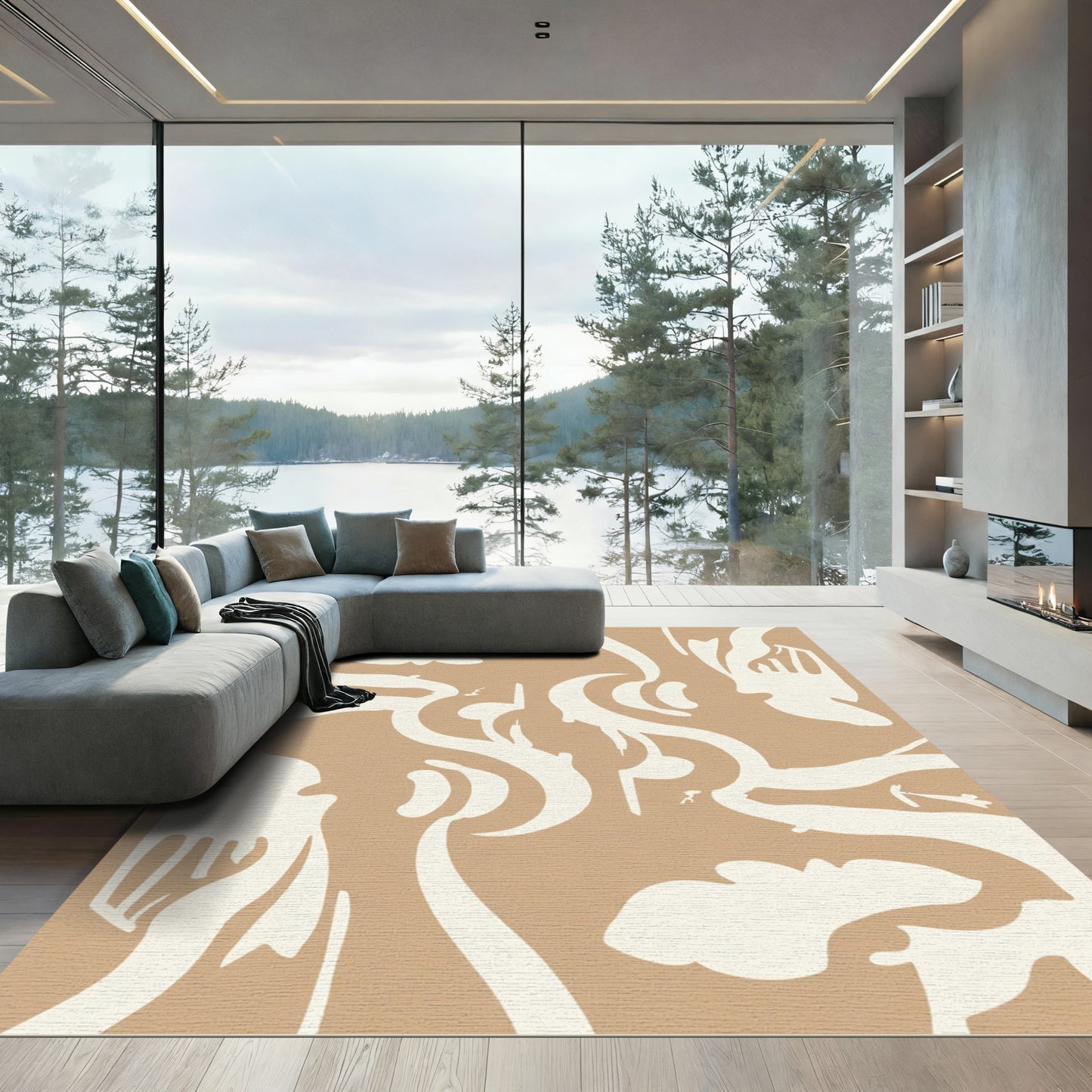 Cream and Tan Abstract Sculptural Forms Rug