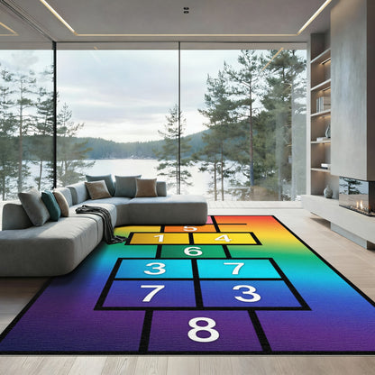 Vibrant Rainbow Numbered Hopscotch Art Rug