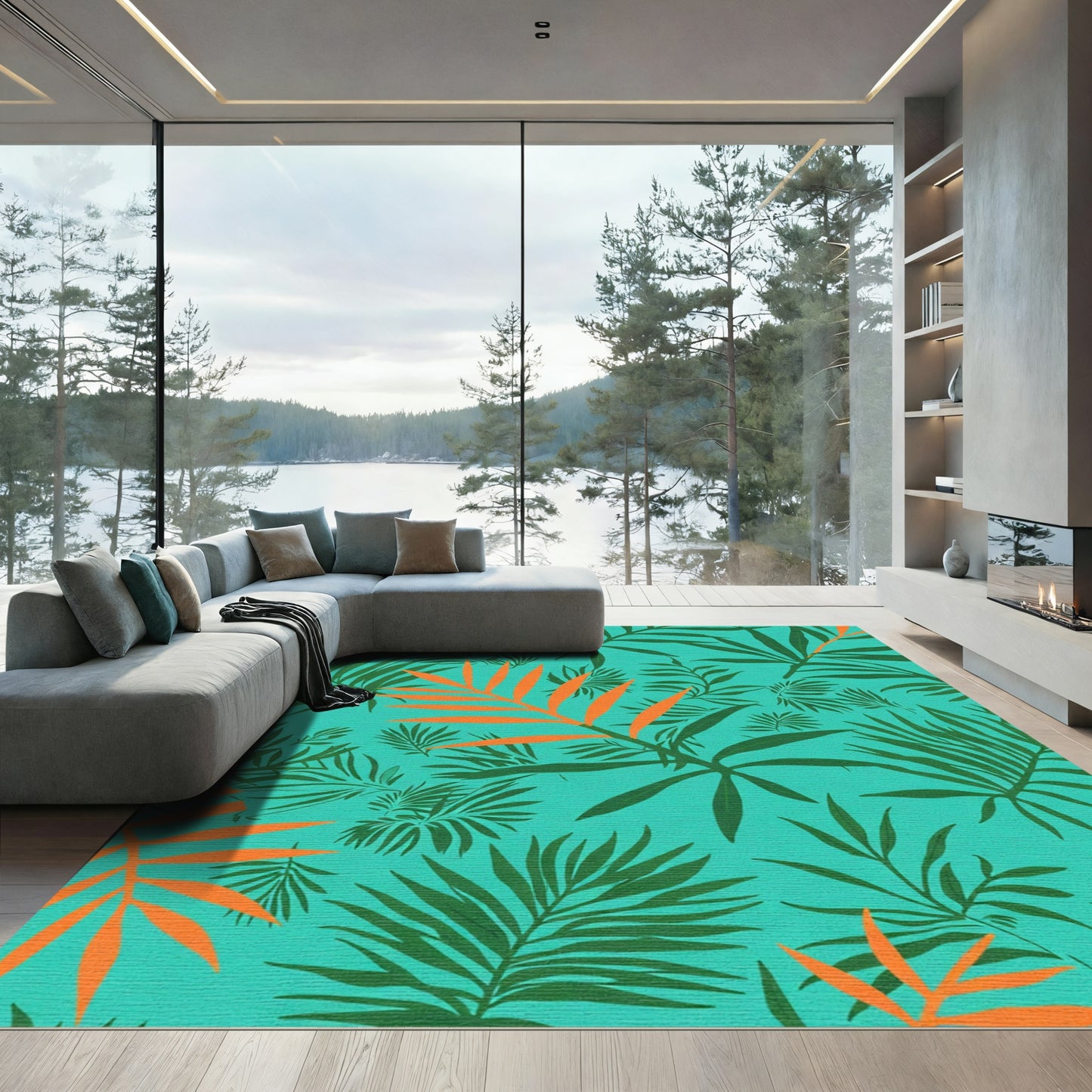 Turquoise Green Palm Leaf Ensemble Rug