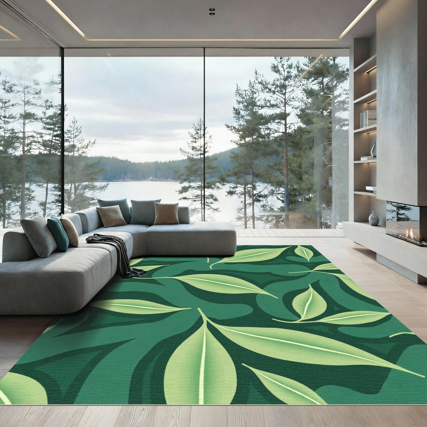 Forest Green Leafy Swirl Background Rug