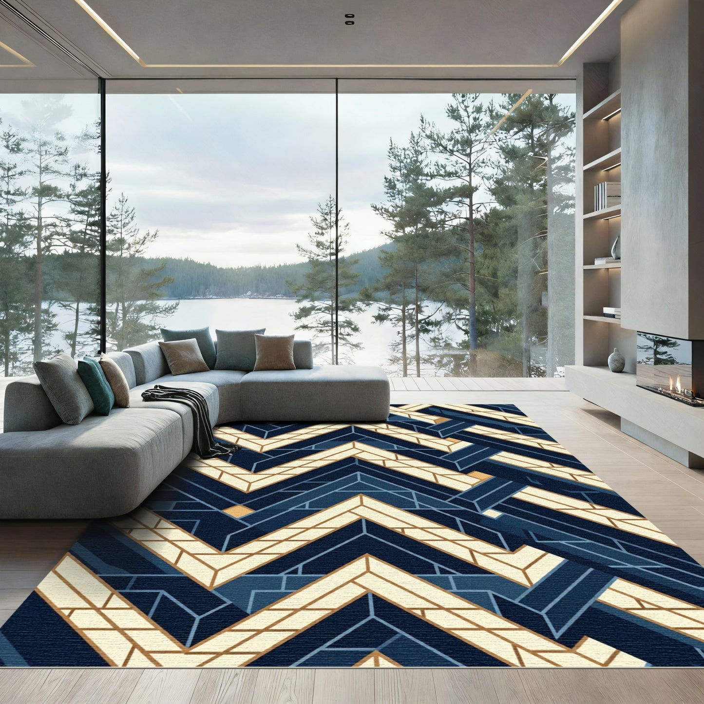 Navy Geometric Chevron Interlocking Abstract Area Rug