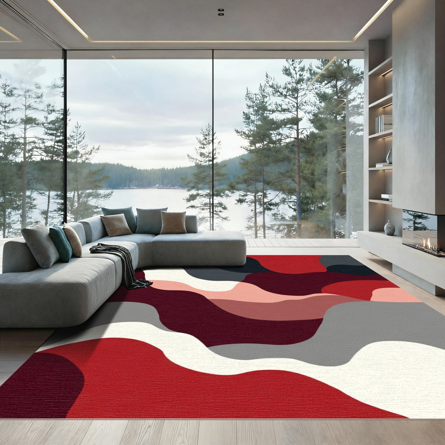 Abstract Crimson Gray Wavy Layers Rug
