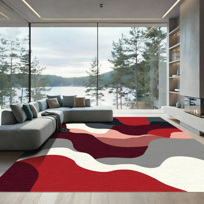 Abstract Crimson Gray Wavy Layers Rug