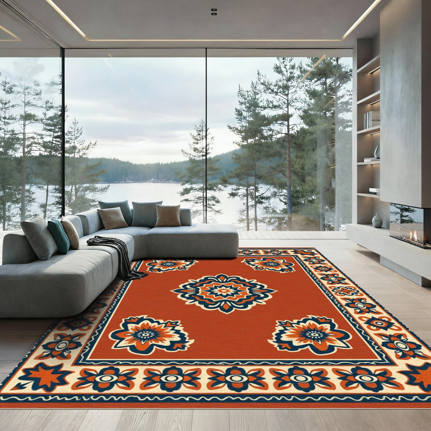 Burnt Orange Floral Medallion Border Rug