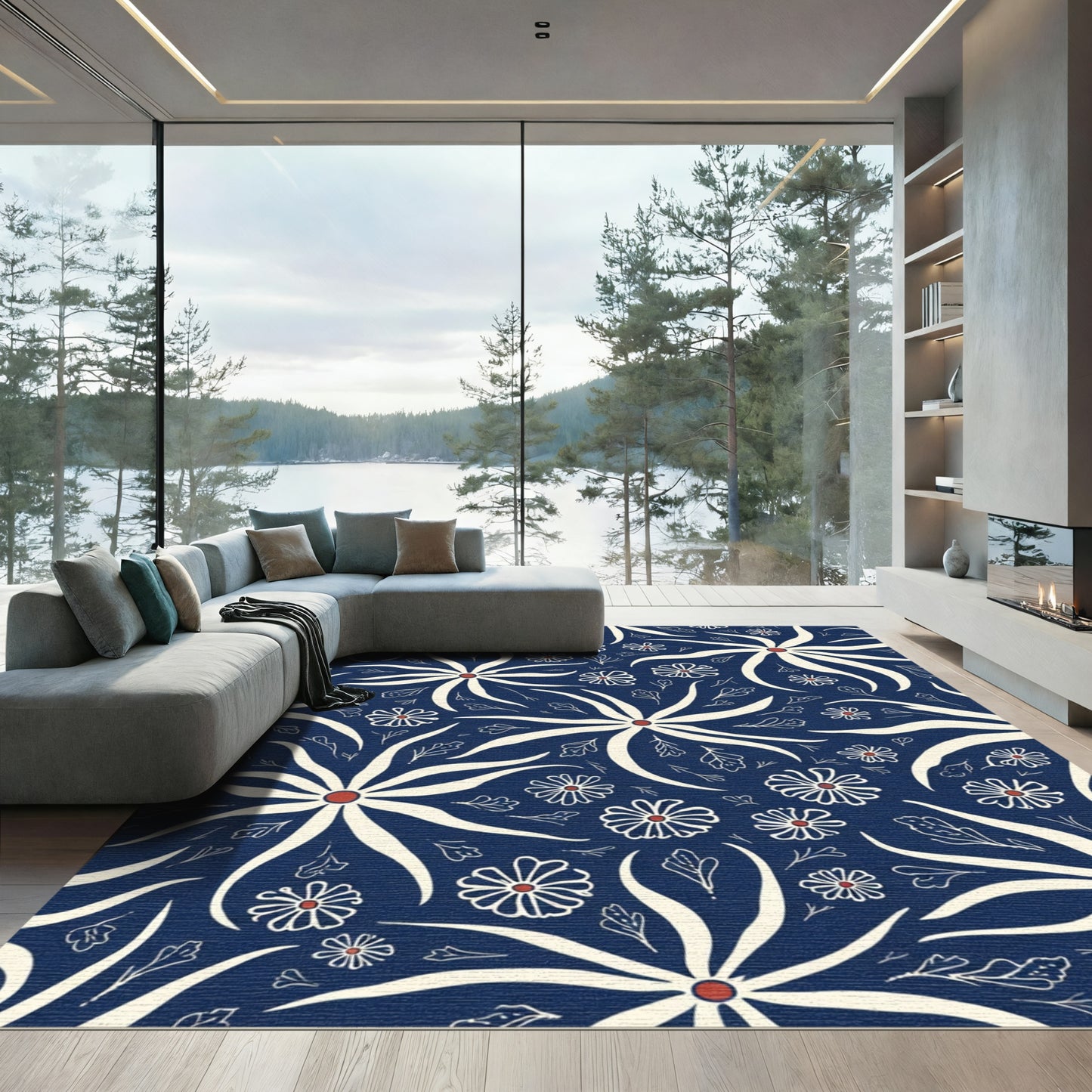 Chic Indigo White Floral Arrangement Rug