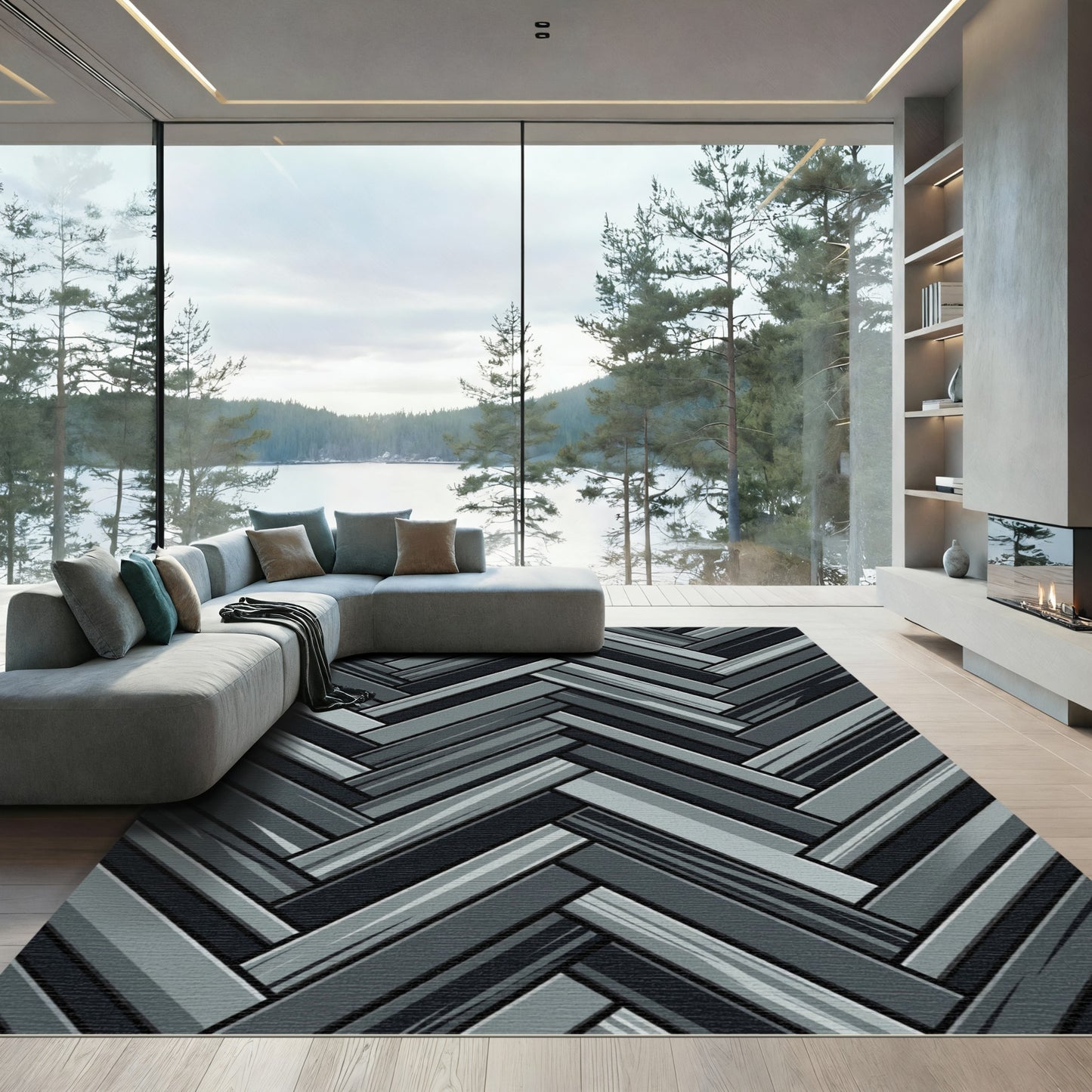 Monochrome Gray Herringbone Geometric Rug