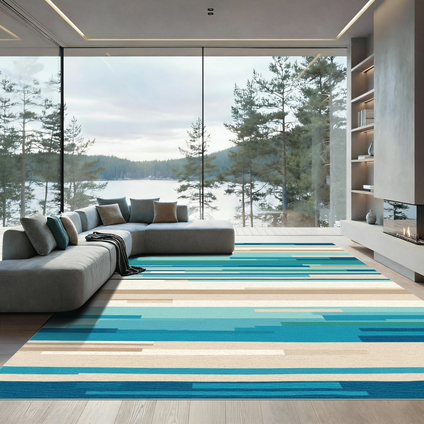 Abstract Blue Cream Stripe Rug