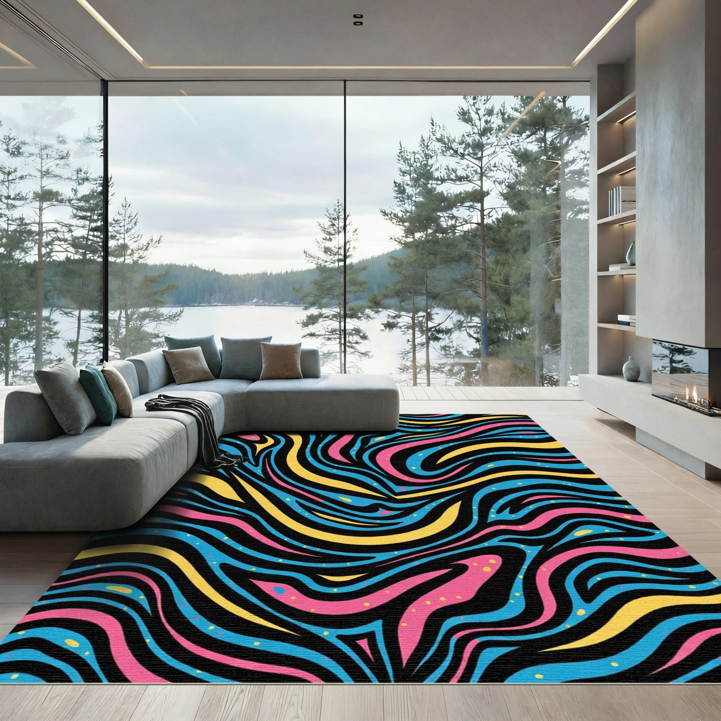 Vibrant Pink Blue Yellow Zebra Waves Rug