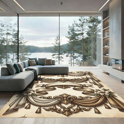Ornate Golden Draping Floral Scroll Rug
