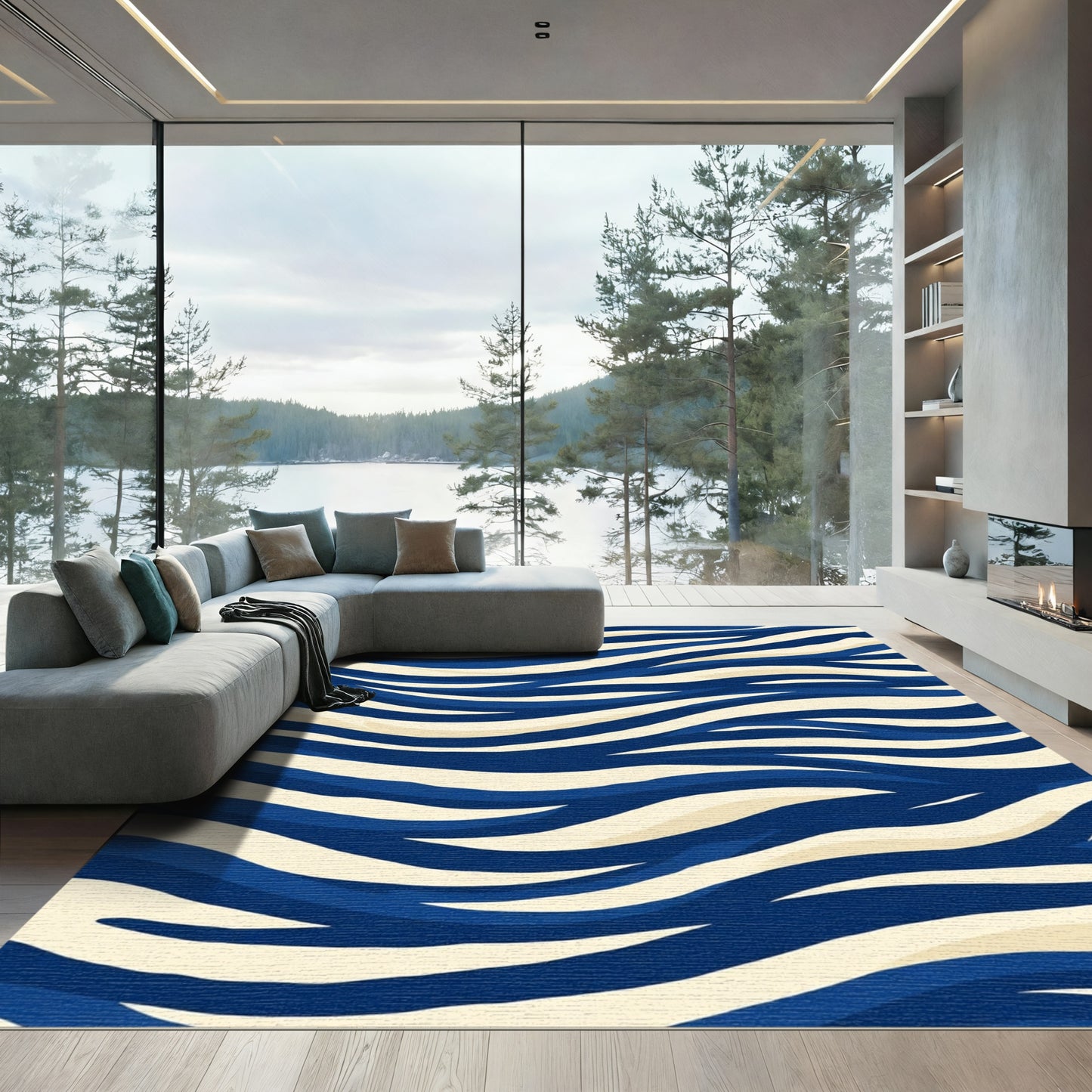 Navy Blue Cream Wavy Stripe Rug