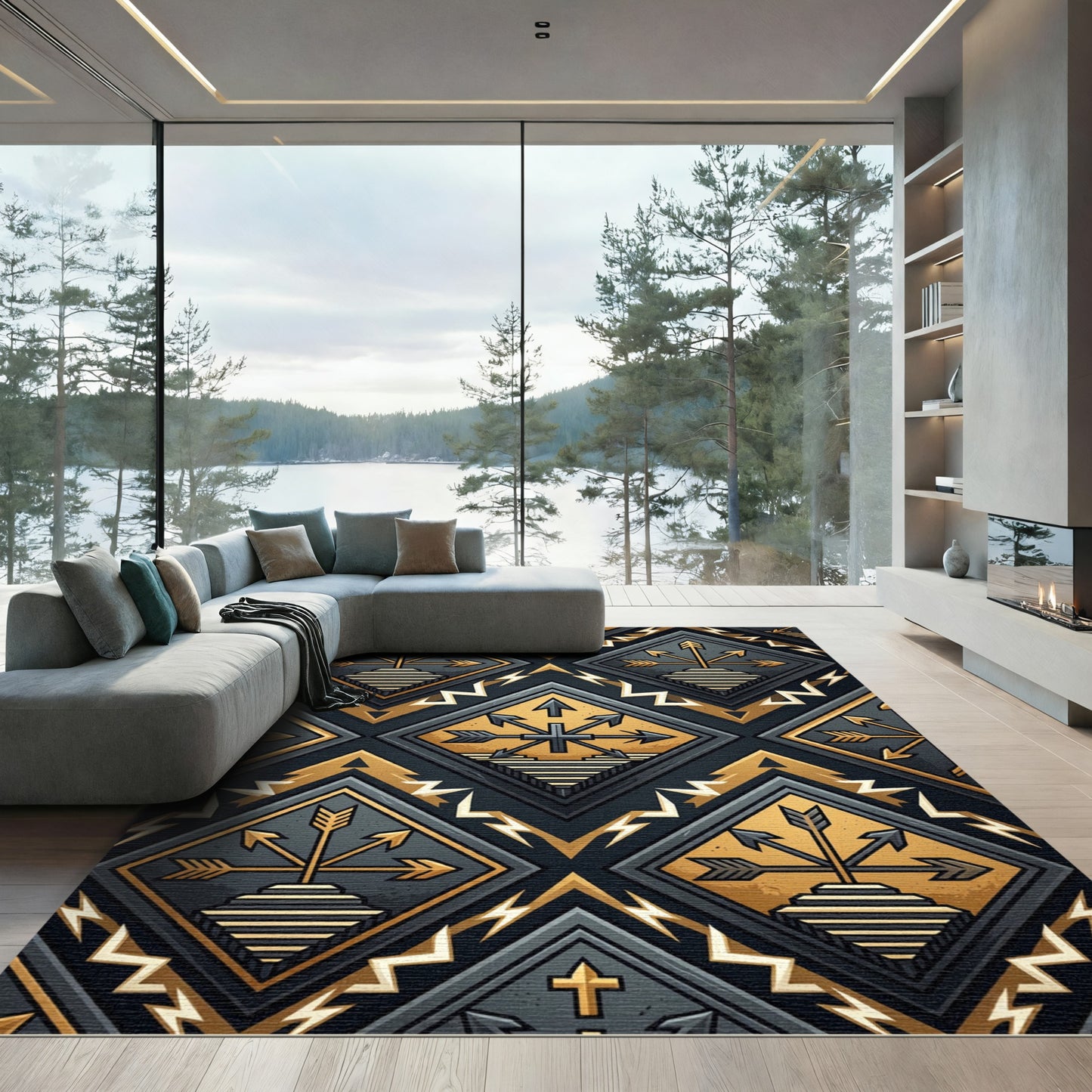 Geometric Arrow Gold and Slate Diamond Rug
