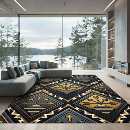Geometric Arrow Gold and Slate Diamond Rug