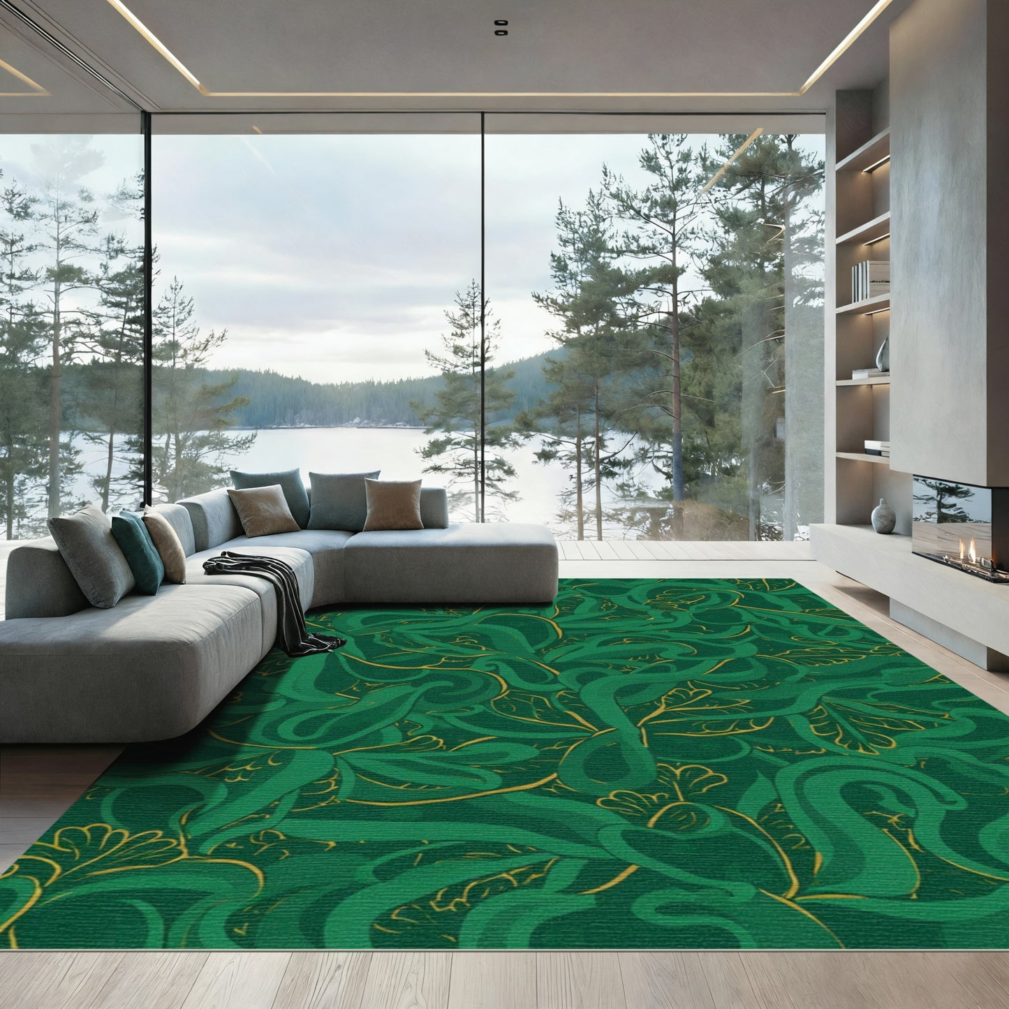 Emerald Green Floral Swirl Abstract Rug