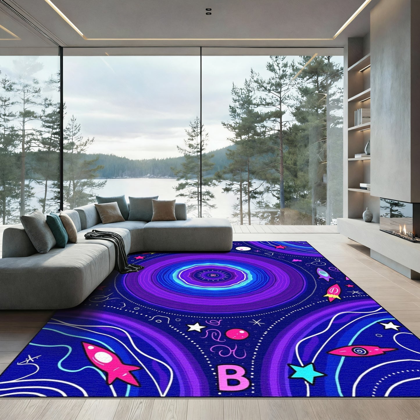 Cosmic Purple Starry Rocket Swirl Rug
