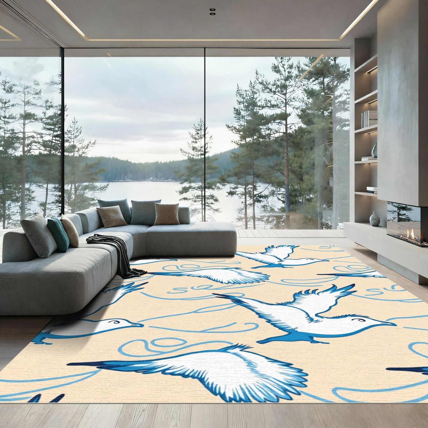 Blue White Seagull Swoop Swirl Rug