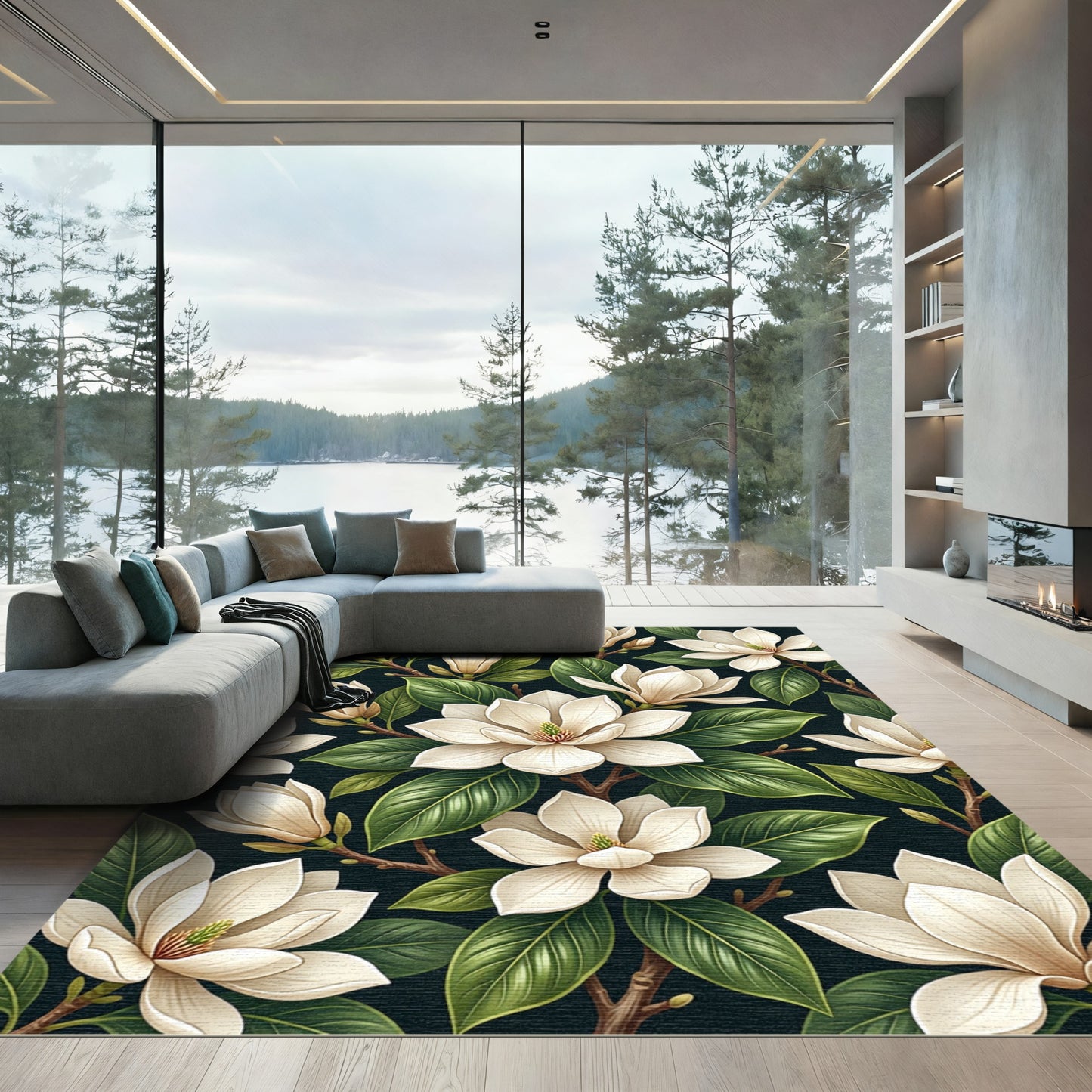 Cream Magnolia Floral Branches Dark Rug