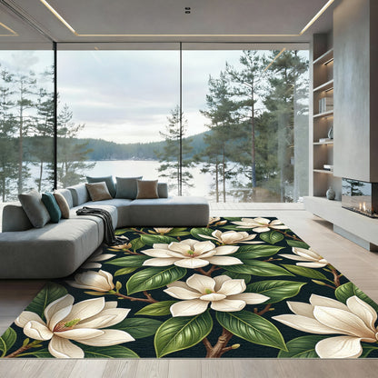Cream Magnolia Floral Branches Dark Rug