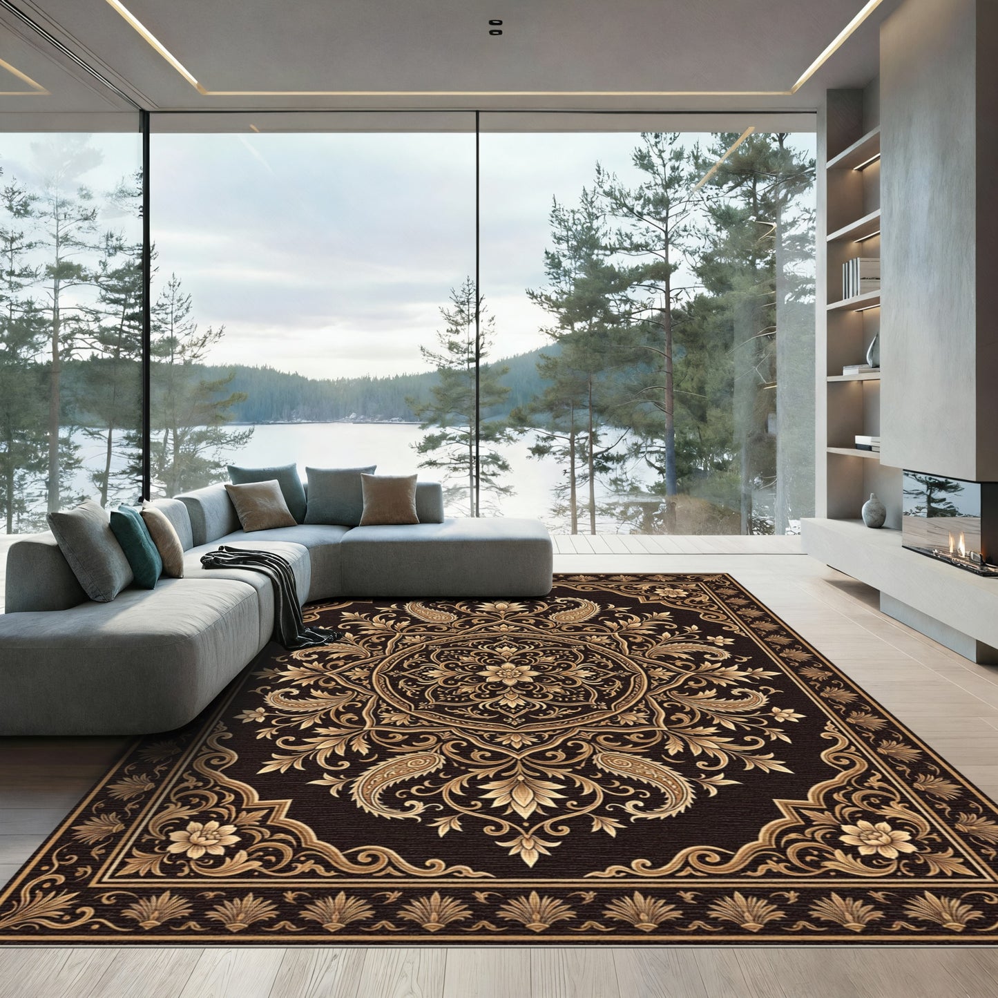 Ornate Golden Paisley Floral Medallion Rug