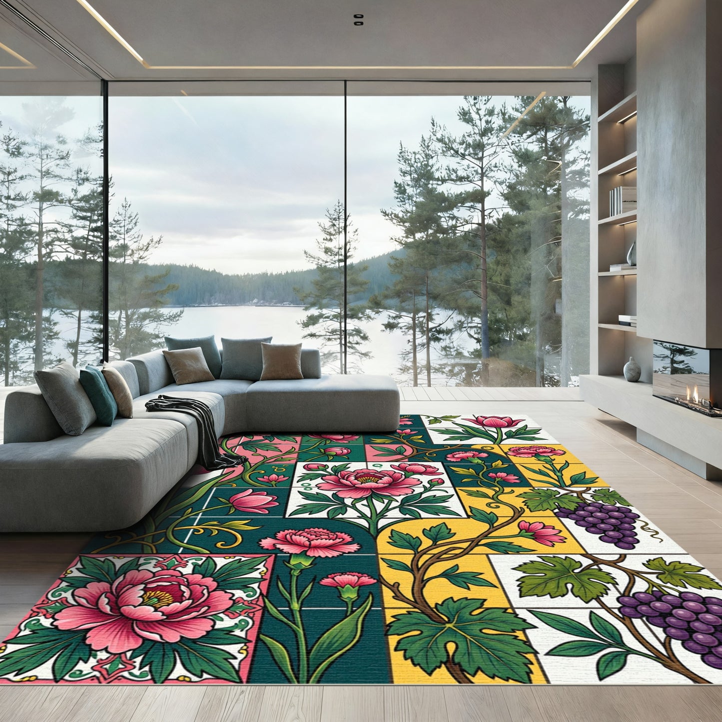 Vibrant Pink Floral Green Yellow Grids Rug
