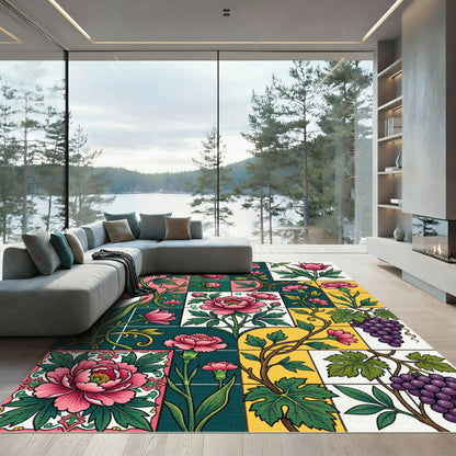 Vibrant Pink Floral Green Yellow Grids Rug