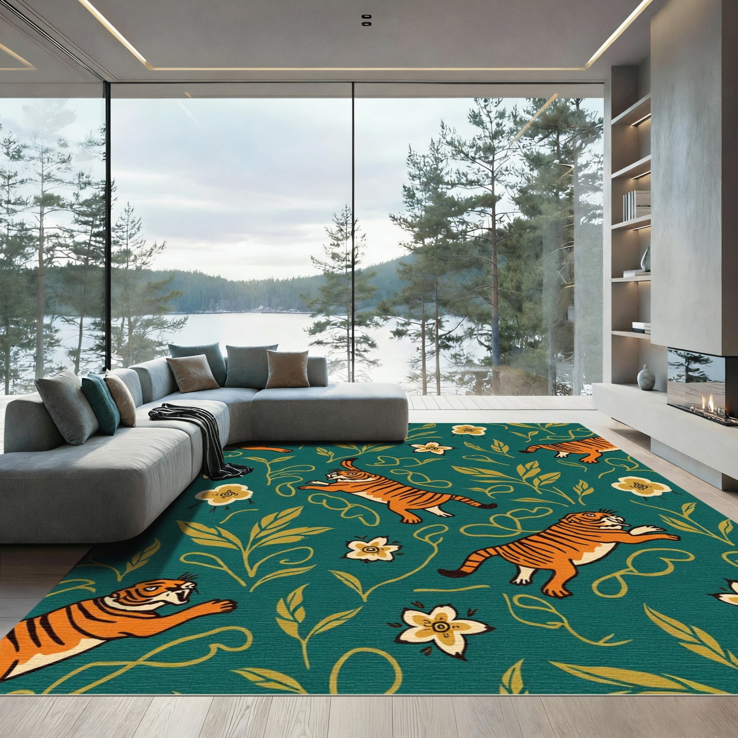 Emerald Tiger Garden Floral Illustration Rug