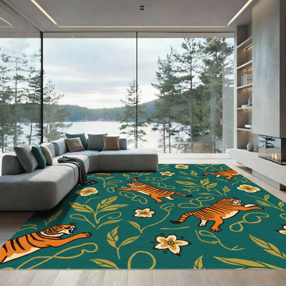 Emerald Tiger Garden Floral Illustration Rug