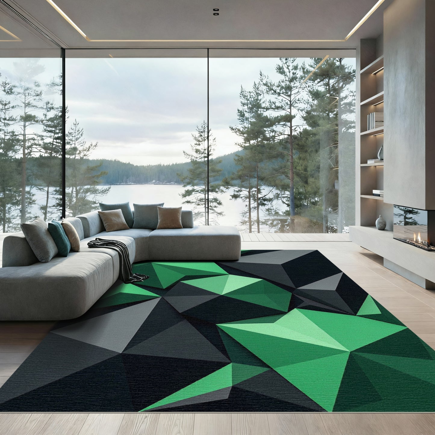 Geometric Emerald and Charcoal Split Prism Rug