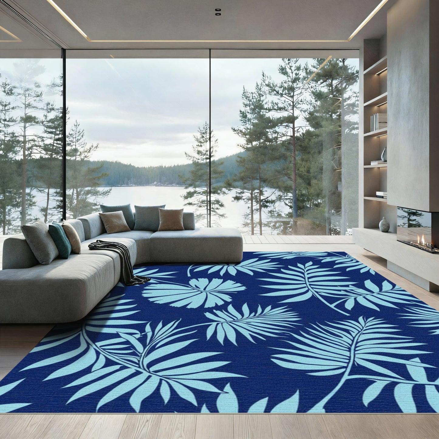 Tropical Blue Leaf Silhouette Rug