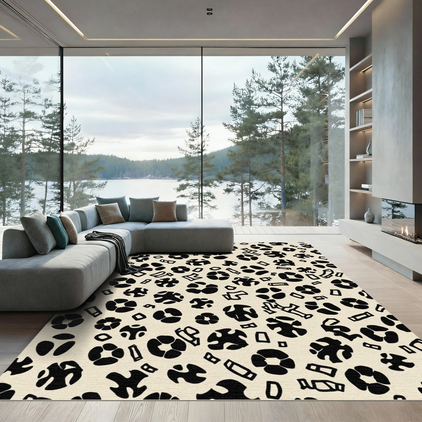 Abstract Black Organic Shapes Rug
